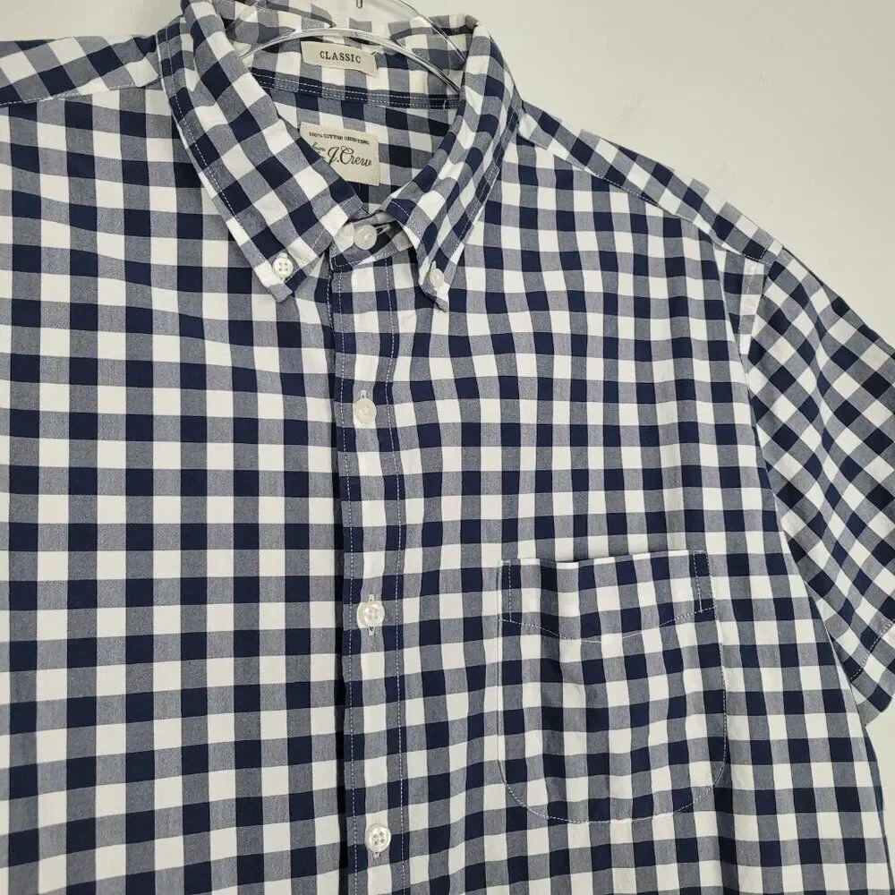 J. Crew Button Down Shirt Short Sleeve Classic Cotton Gingham Blue White Size L